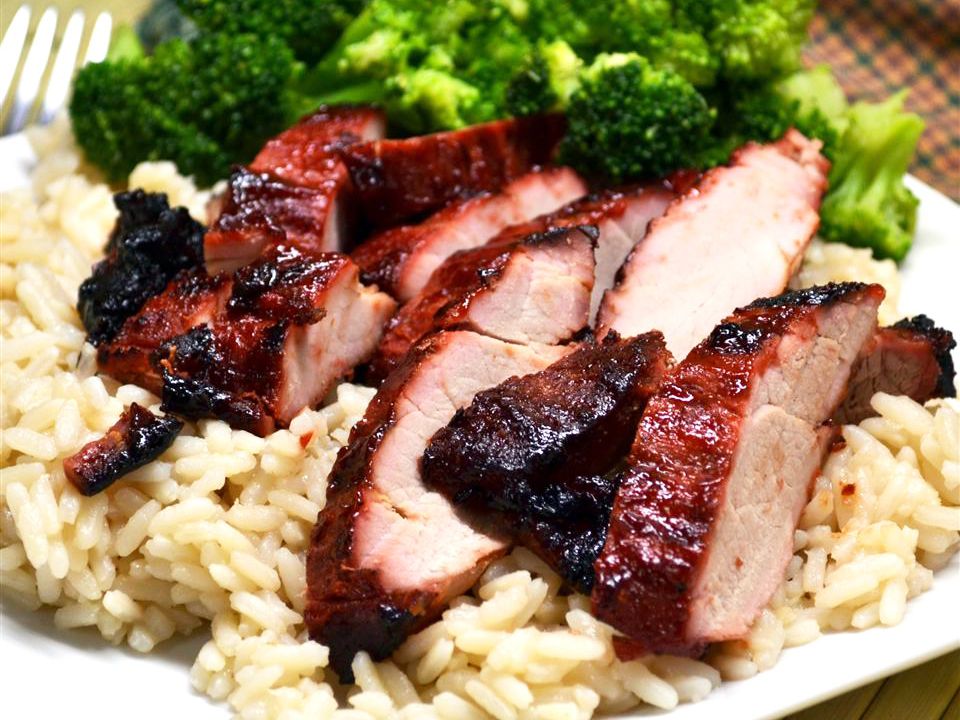 Close up view of Chinese BBQ Pork with rice and broccoli