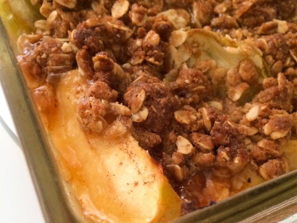 Close up view of an Apple Cobbler in a glass baking dish