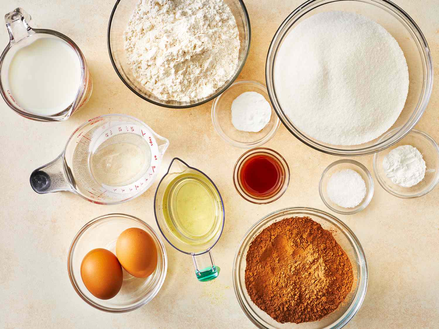 All ingredients gathered to make one bowl chocolate cake.