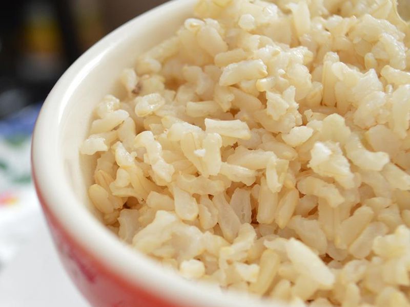 Close up view of Brown Rice red and white plate