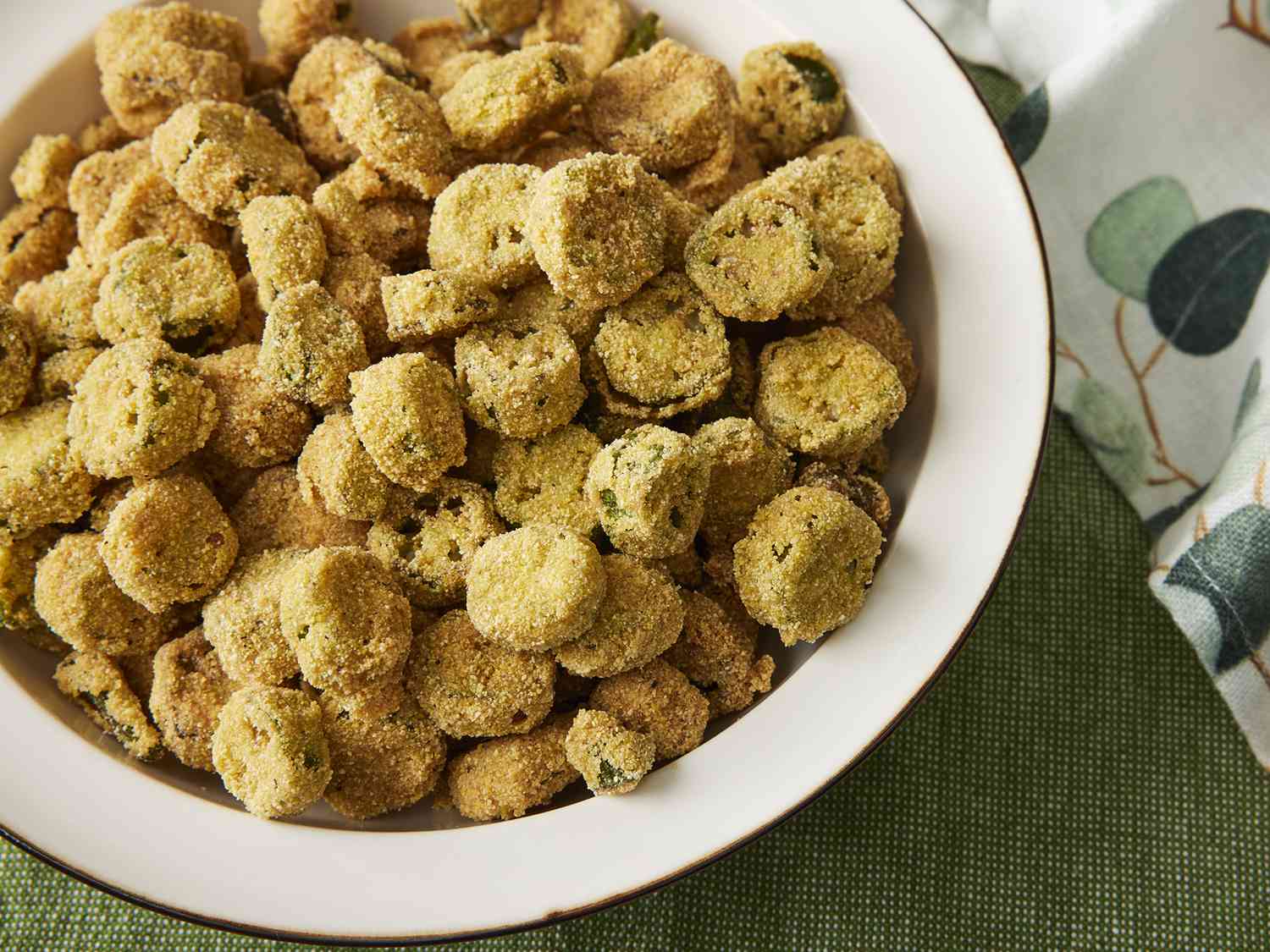 Overhead view looking into a bowl of fried okra