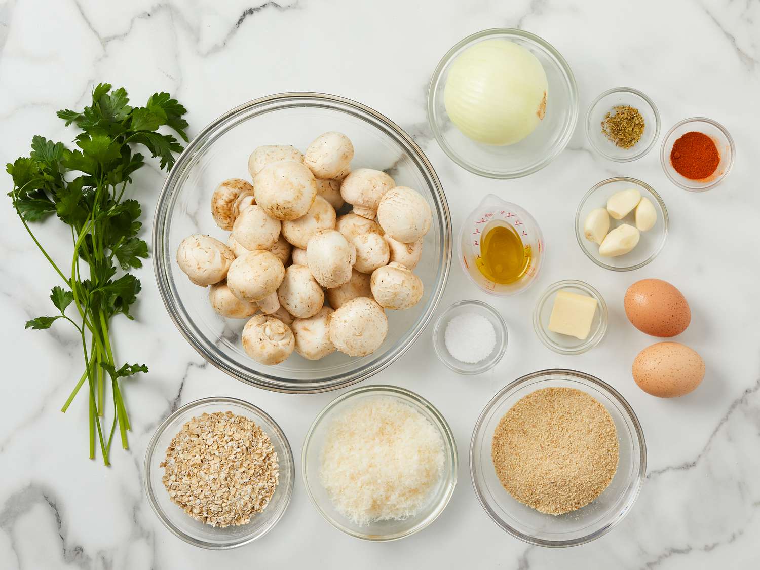 A top down view of ingredients gathered to make meatless meatballs.