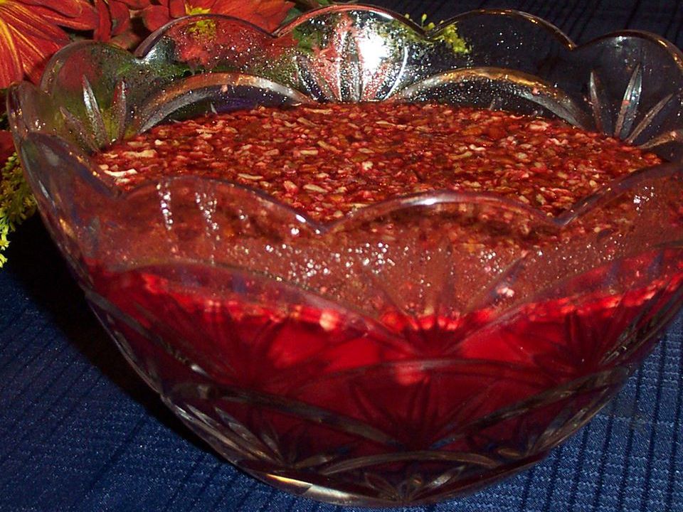 Close up view of Cranberry JELL-O Salad in a glass bowl