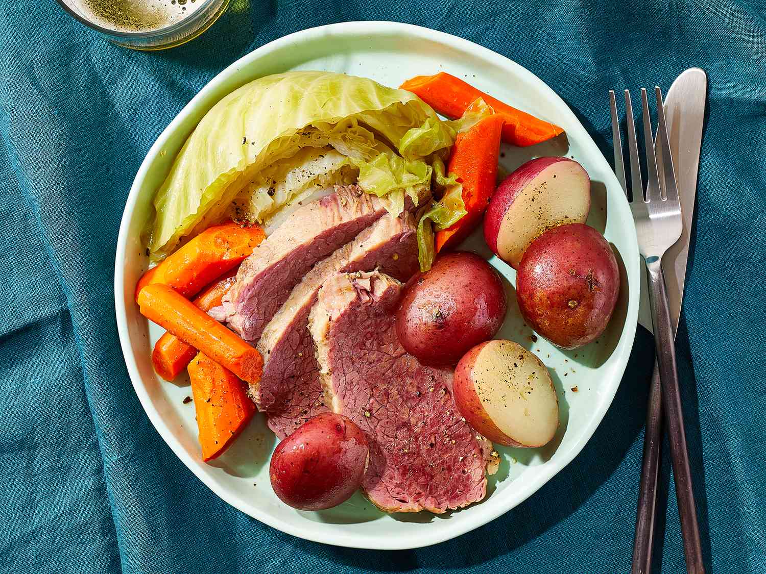 Overhead angle looking at a plate of Irish boiled dinner