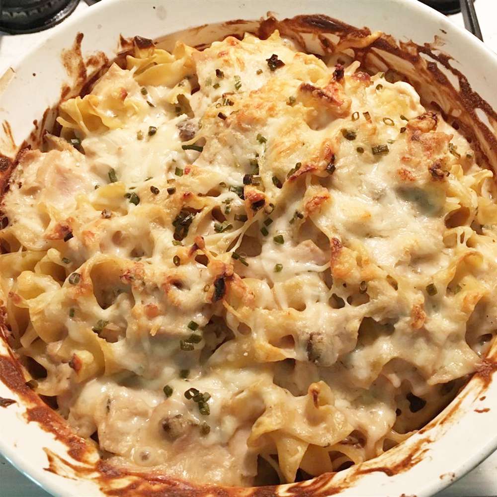 Close up view of Easy Turkey Tetrazzini in a baking dish