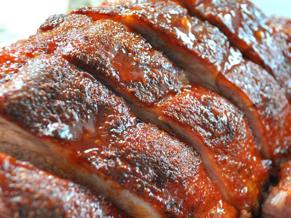 Close up view of sliced Prize-Winning Baby Back Ribs 