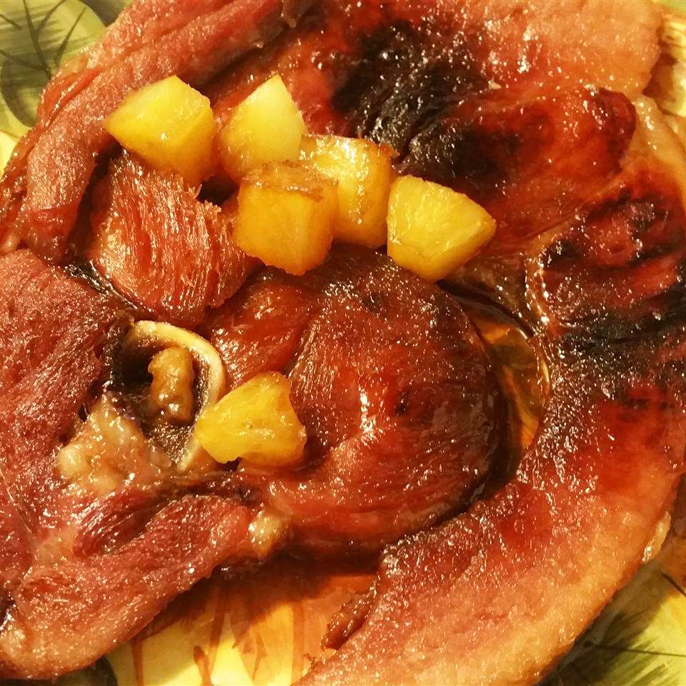 Overhead view of Brown Sugar Ham Steak with pineapple on top