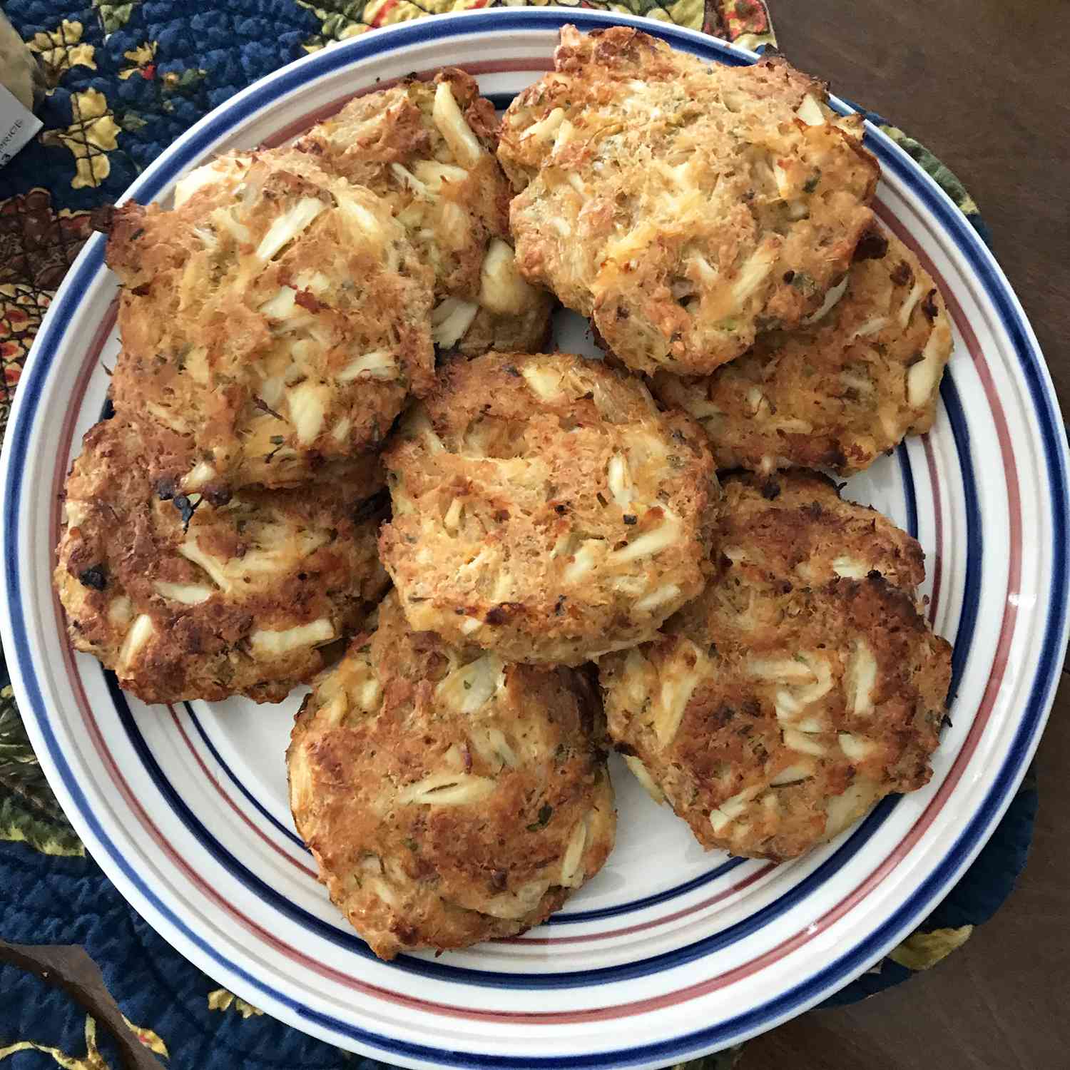 Overhead view of crab cakes on a platter