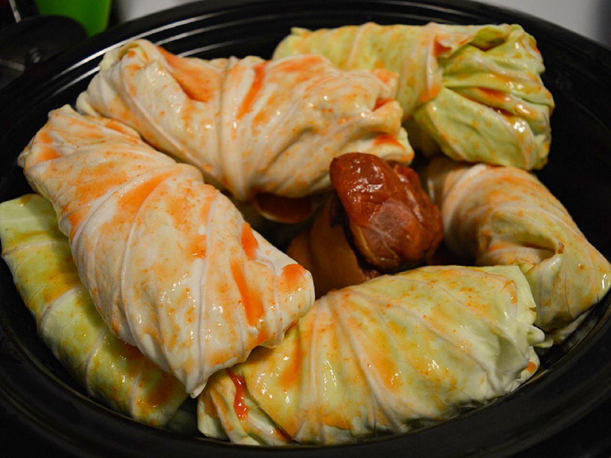 Close up view of Sarma (Stuffed Cabbage) in a pot