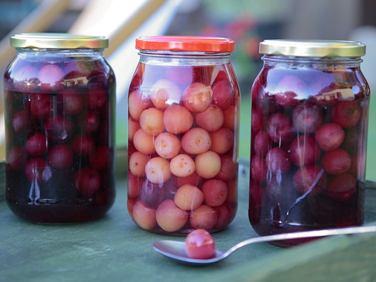 Close up view of Preserved Cherries in a jars, next to a spoon