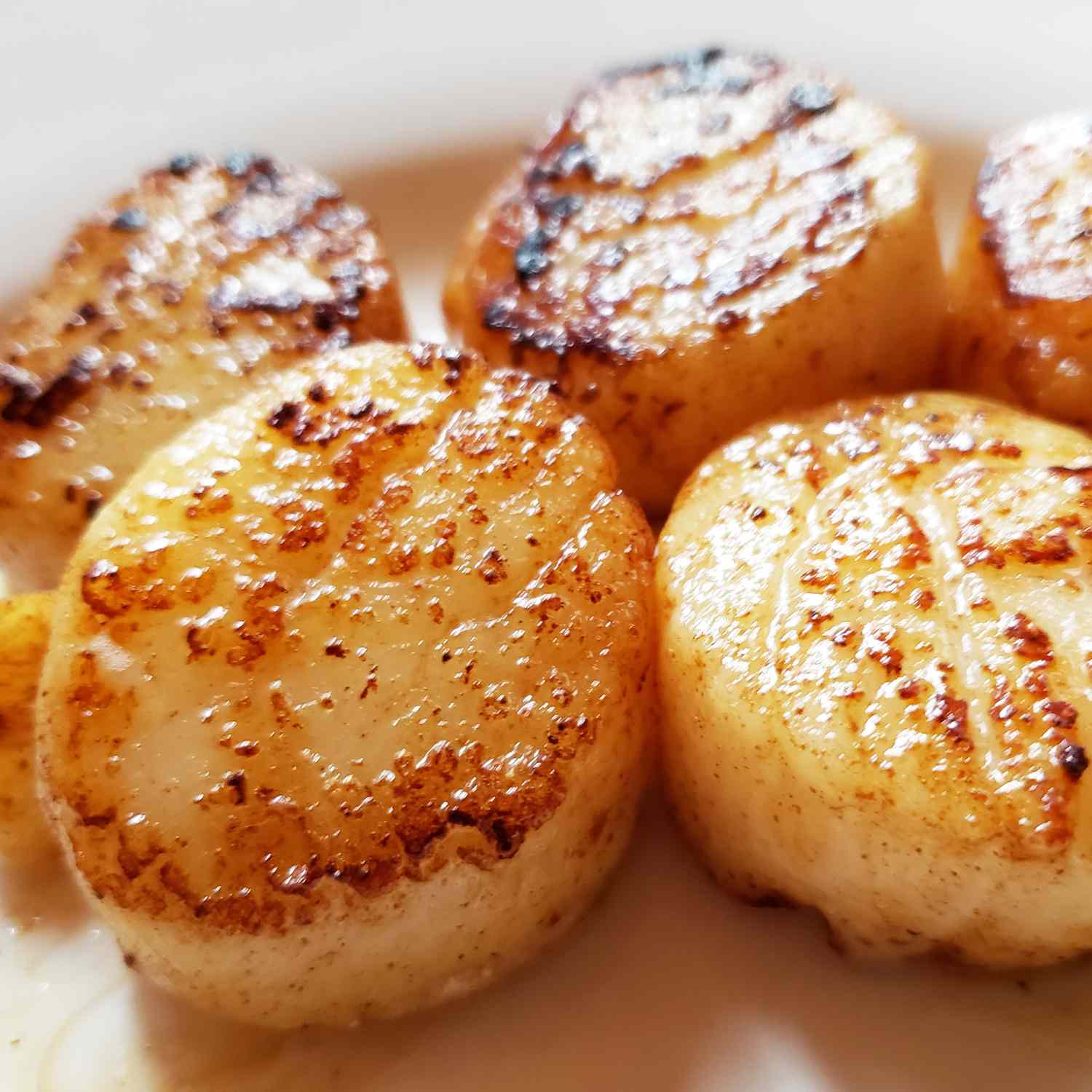 Close up view of garlic-lemon scallops on a white plate