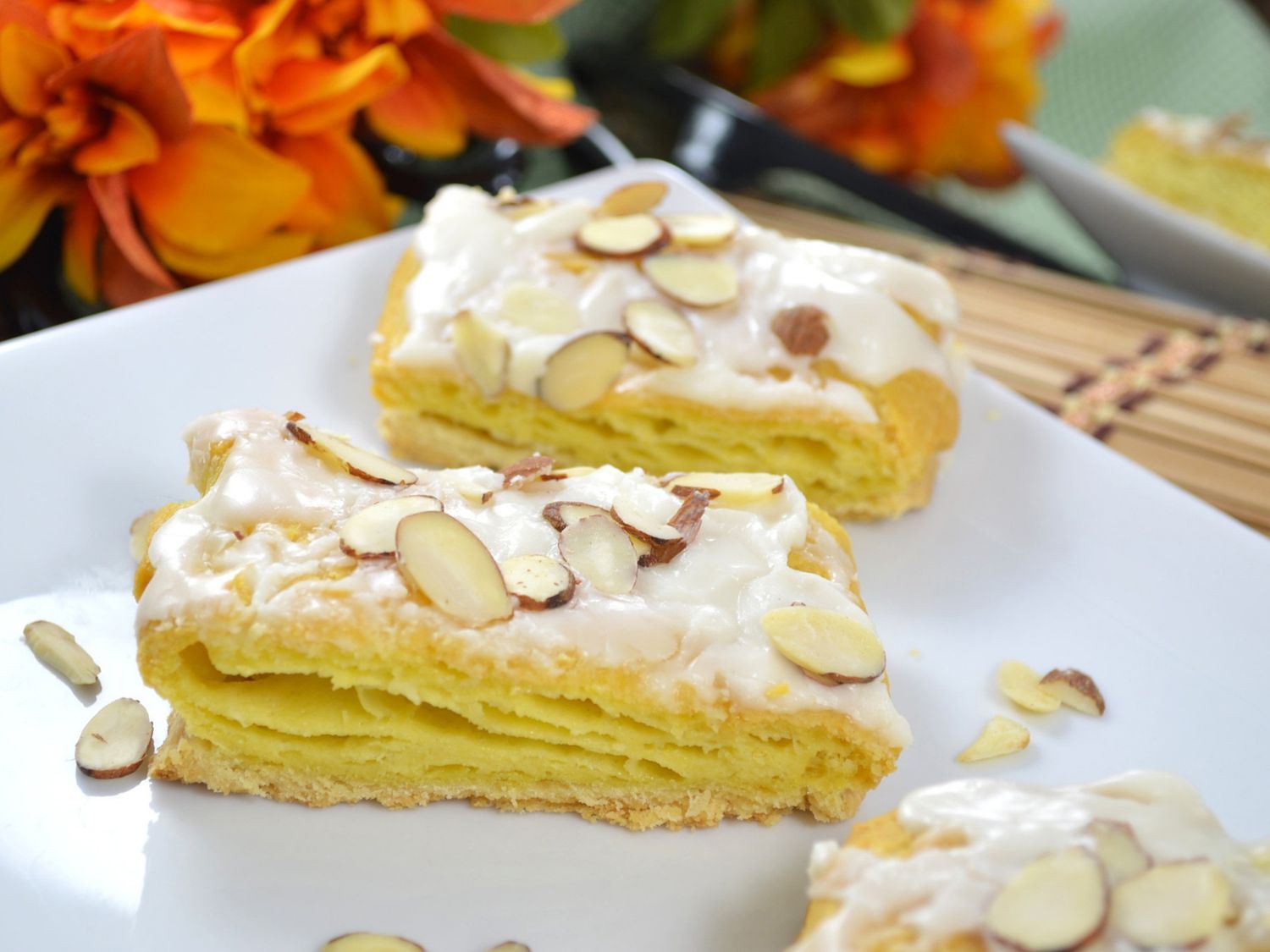 Close up view of Danish Almond Puffs on a white platter