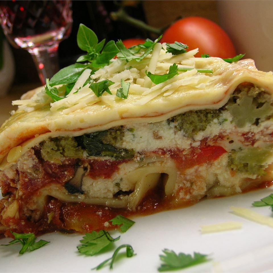 Vegetable lasagna on a white plate