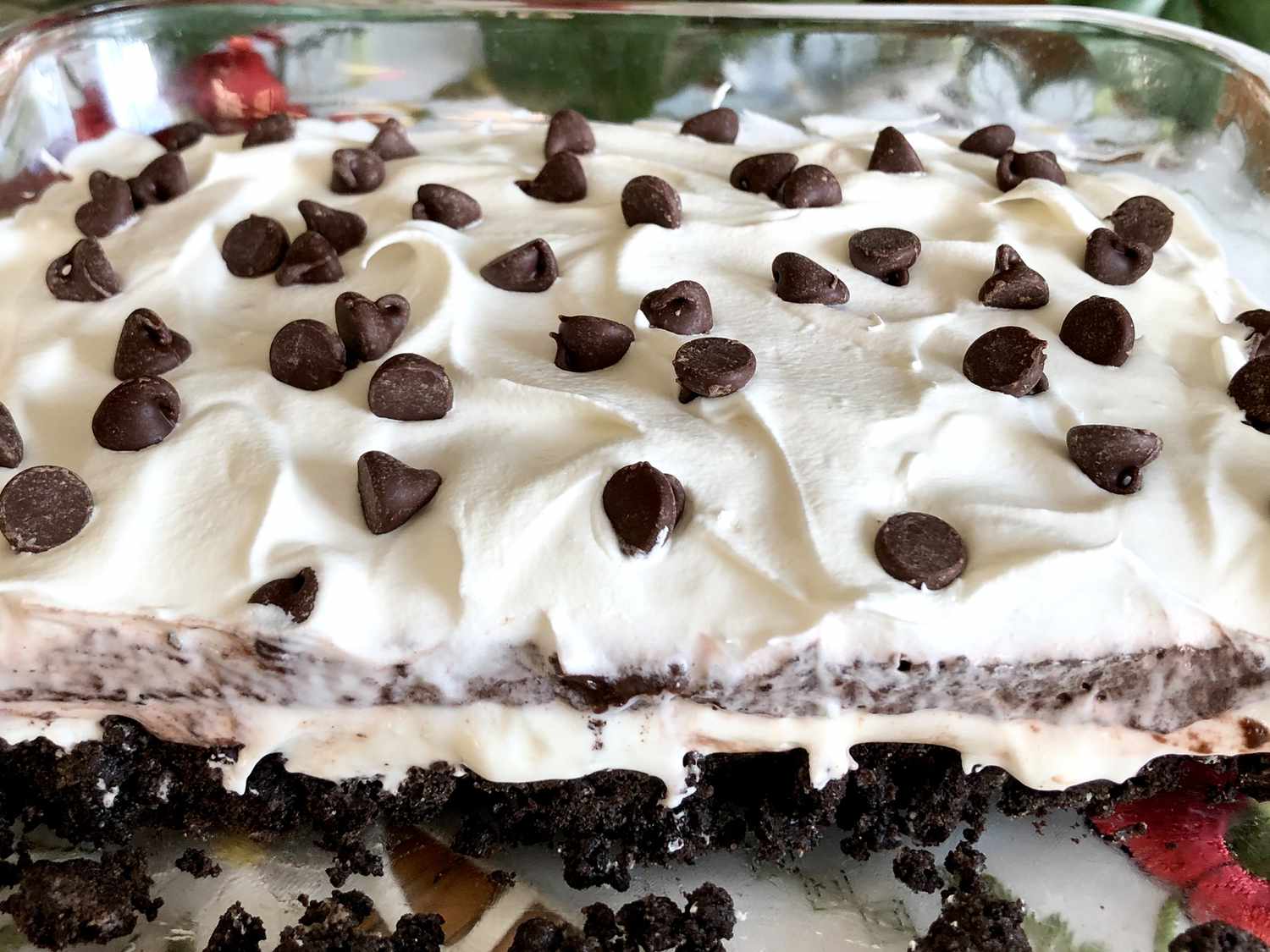 Close up view of Oreo Lasagna in a glass baking dish