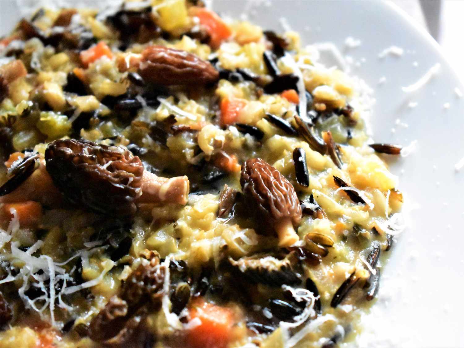 Close up view of Morel Mushroom and Wild Rice Risotto garnished with grated cheese, on a white plate