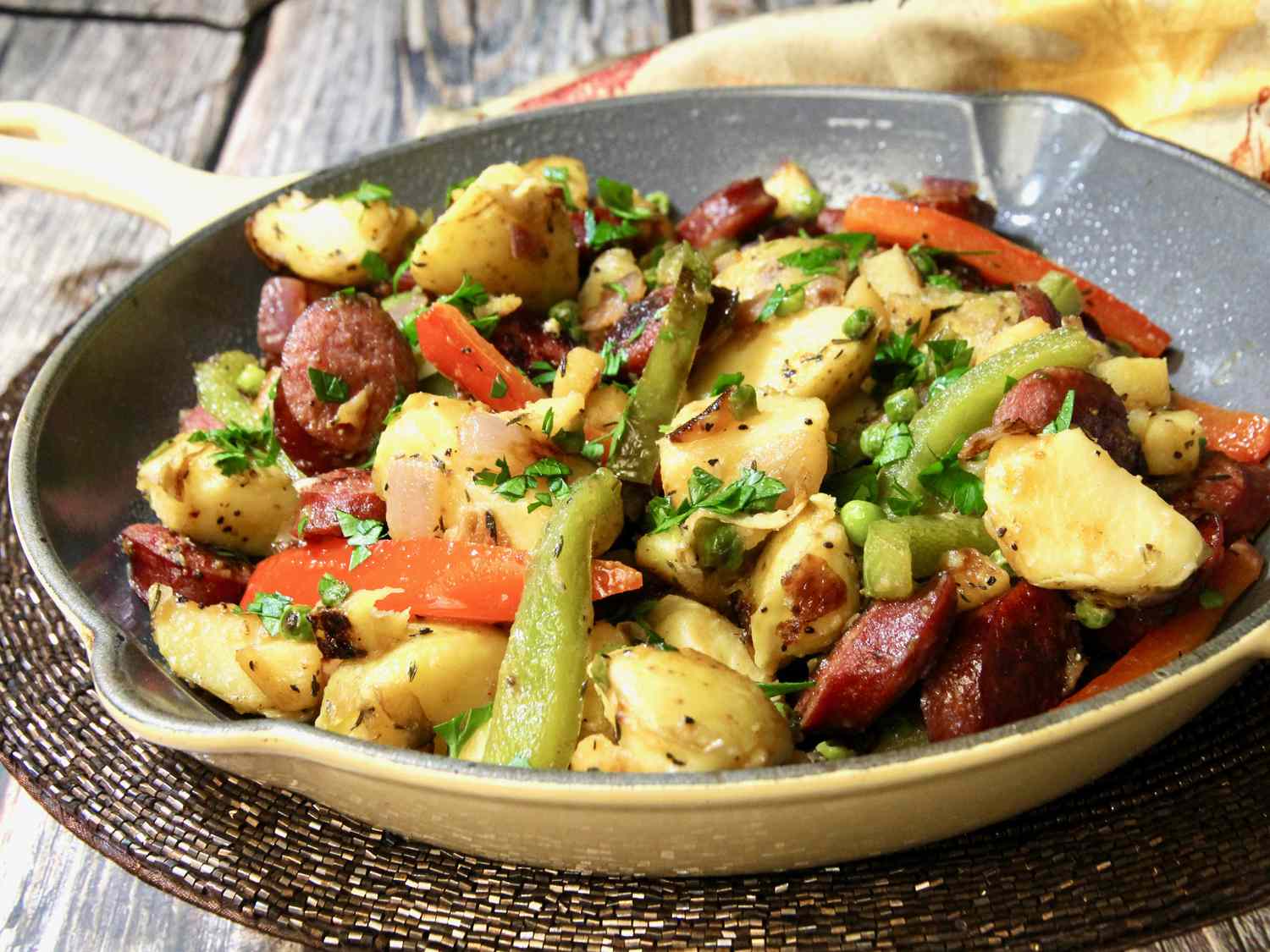 Skillet potatoes, sausage, and vegetables