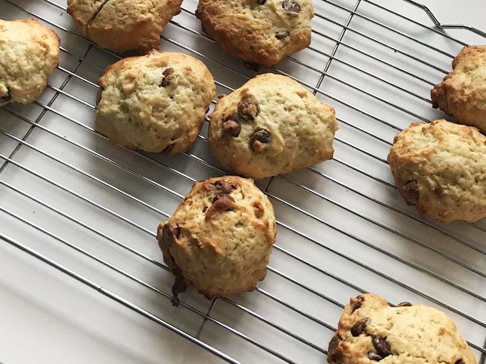 Close up view of Banana Chocolate Chip Cookies on a cooling rack