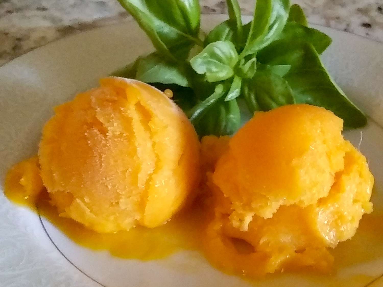 Close up view of two scoops of Mango Sorbet with fresh basil on a plate