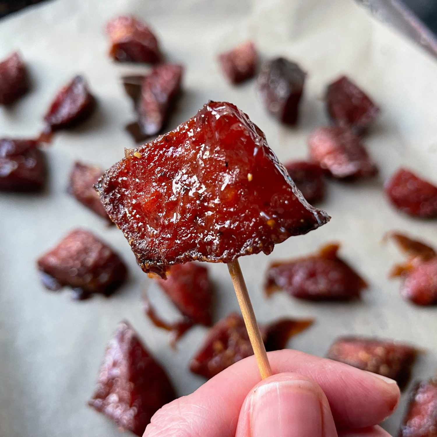 Candied Kielbasa Bites on a toothpick