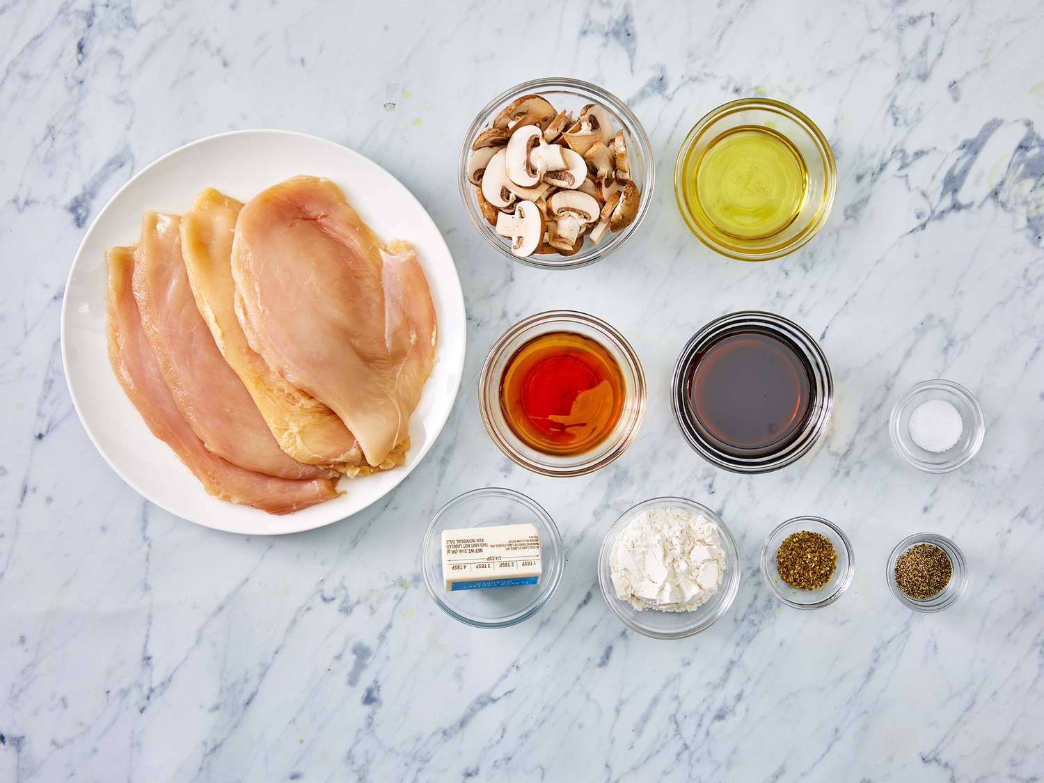 All ingredients gathered to make chicken marsala.