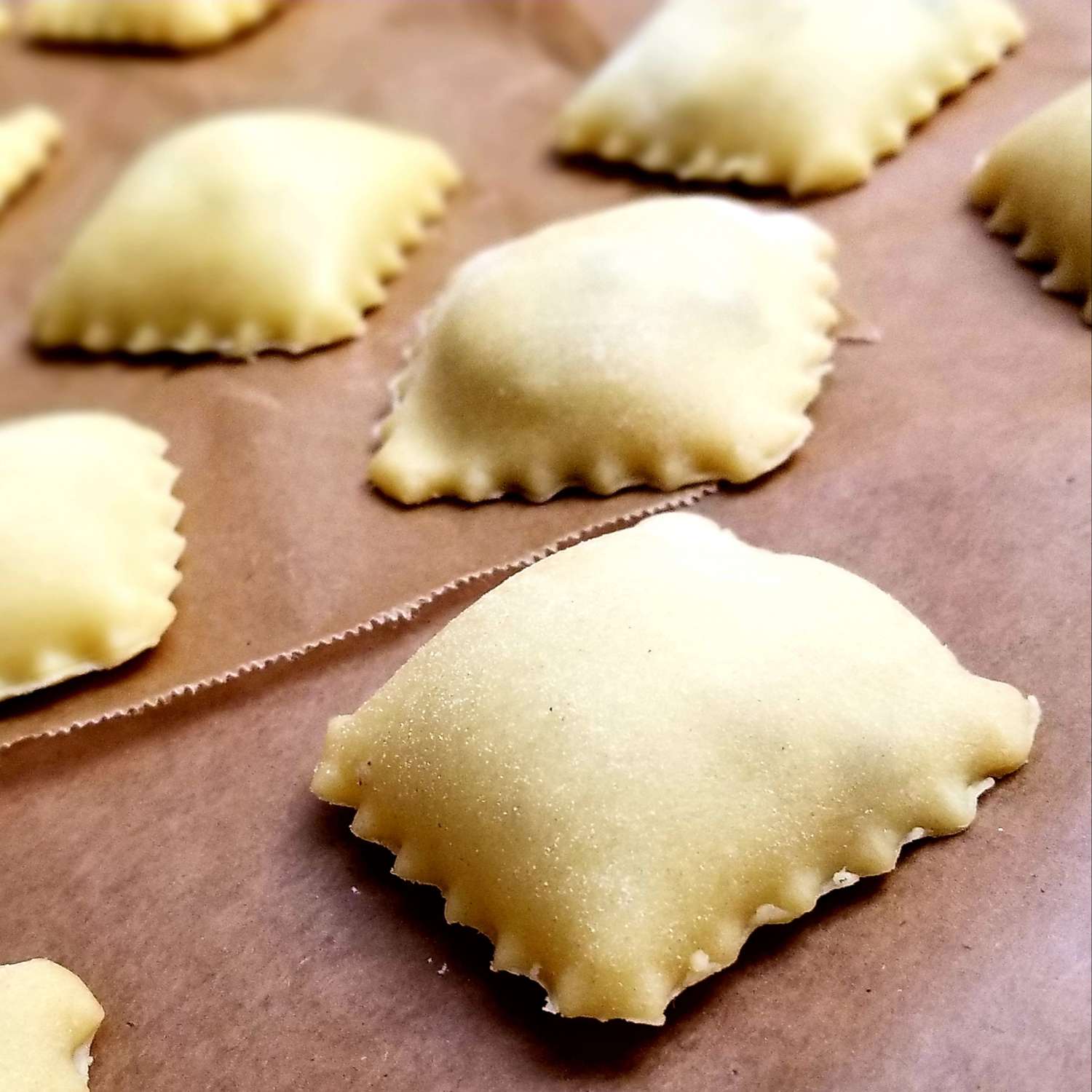 Close up view of ravioli on top of parchment paper