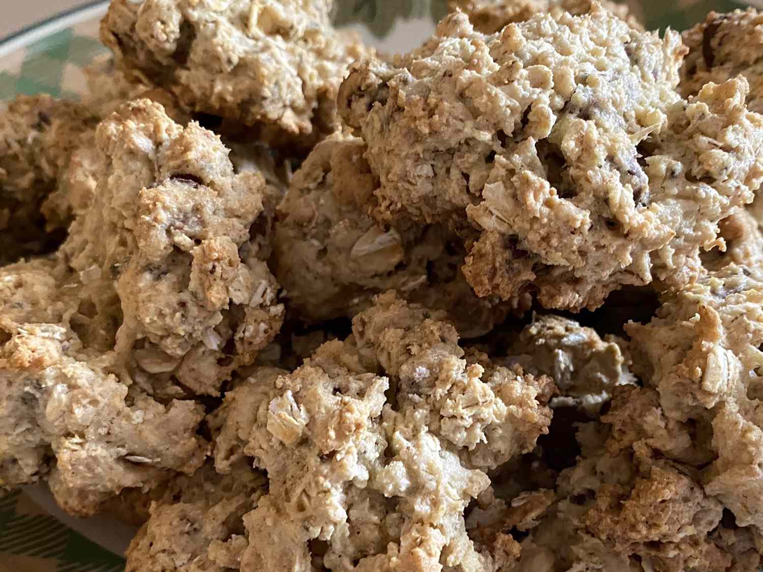 Close up view of a pile of Oatmeal Chocolate Chip Lactation Cookies on a plate