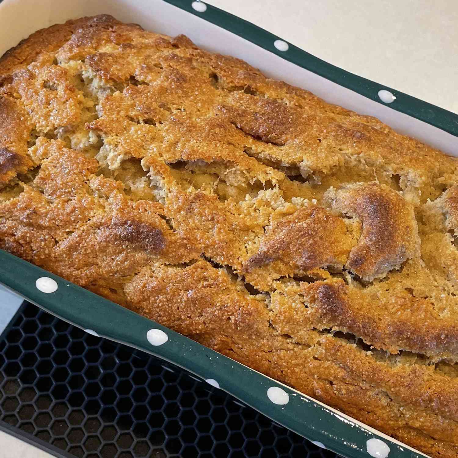 Close up view of Almond Flour Banana Bread in a baking dish