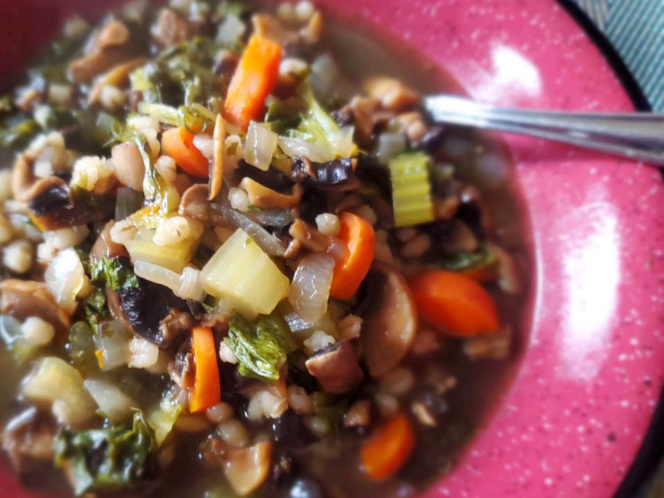 Close up view of Mushroom Barley Soup in a pink bowl with a spoon