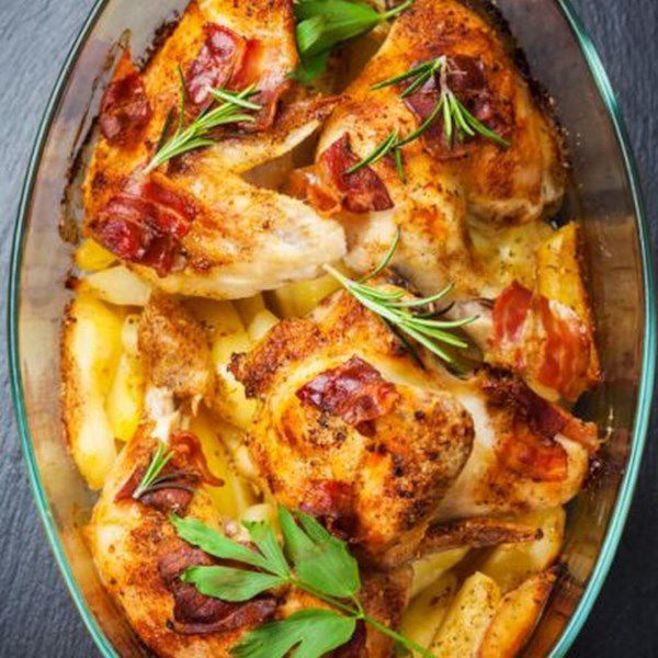 Boneless chicken thighs baked with bacon and potatoes