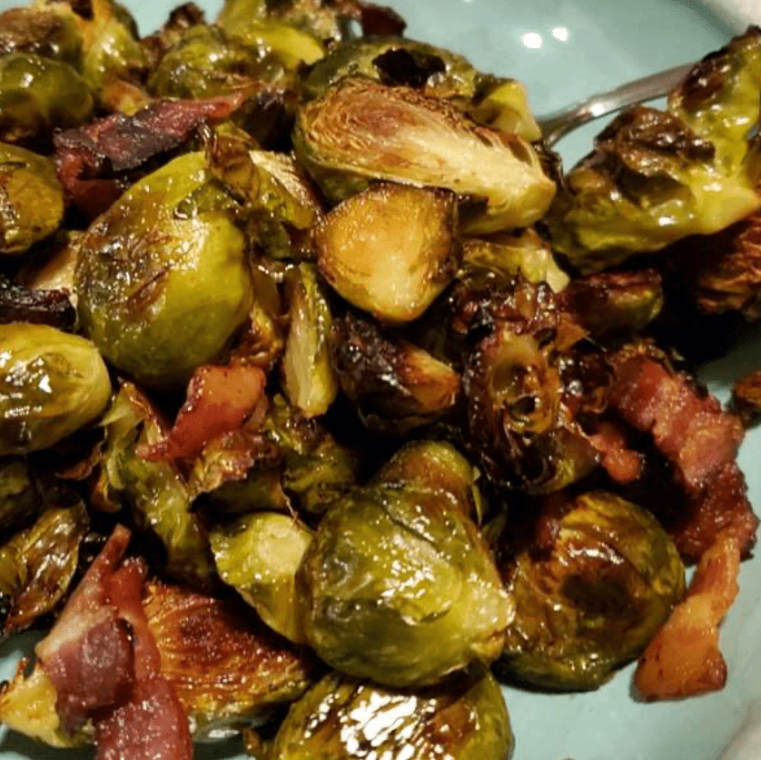 Maple Roasted Brussels Sprouts with Bacon in a bowl