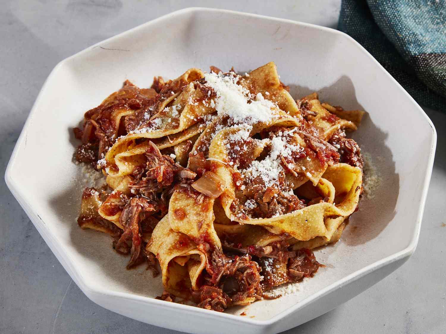 High angle looking at a bowl of beef ragu