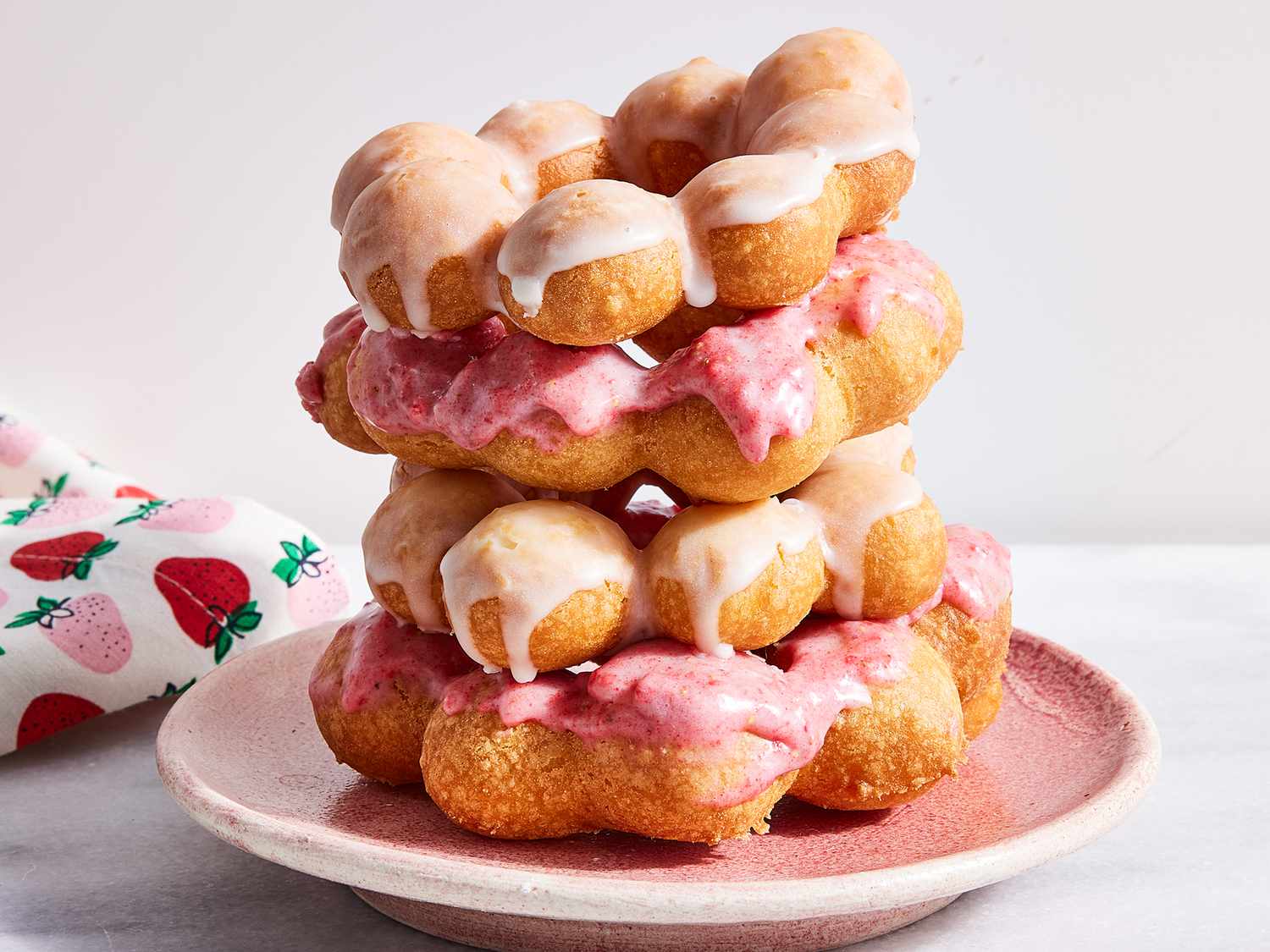 Close up on a stack of mochi donuts.